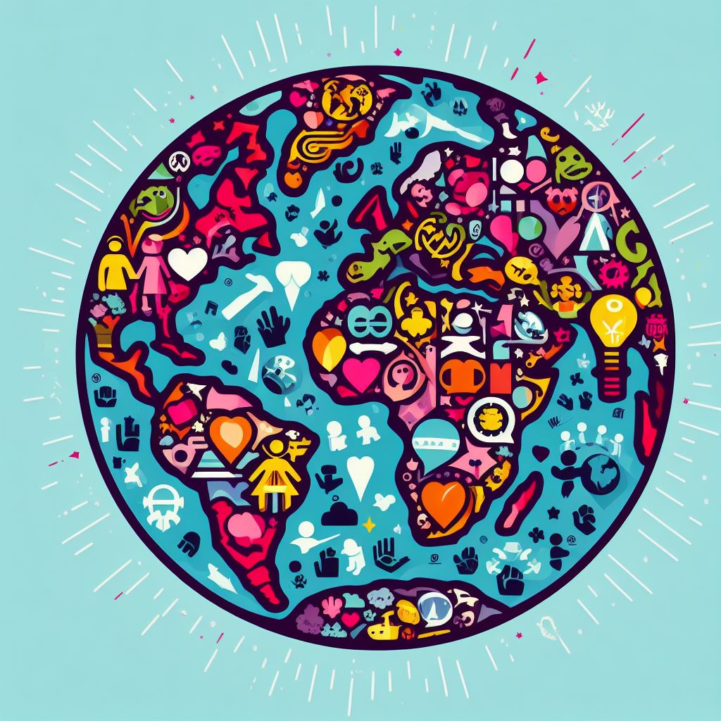 a colorful image of the planet earth with empty oceans, but land masses composed of stencil icons depicting different human and societal values (like hearts, peace signs, handshakes, babies, lightbulbs, brains, clenched fists, etc.)
