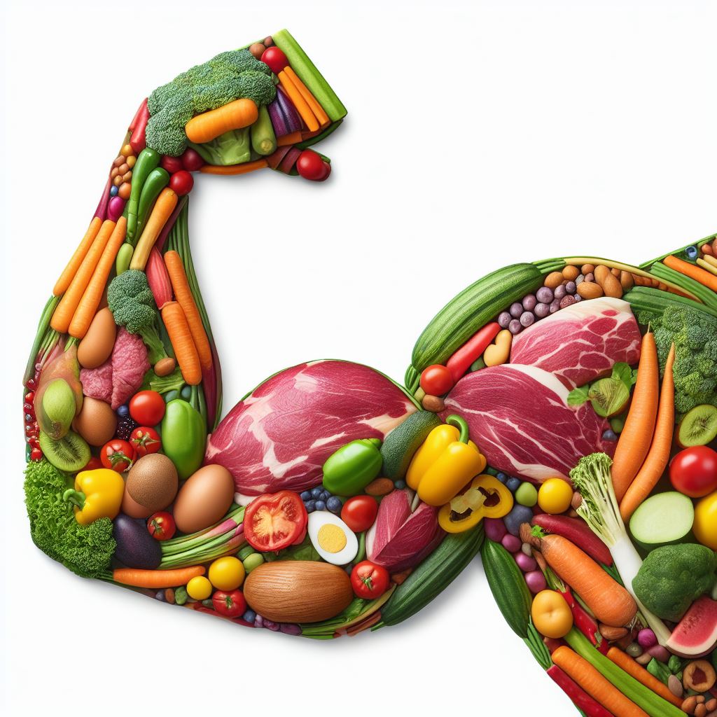 a colorful image of a flexing, gender-neutral, bicep without skin, made out of vegetables, meat, fruits, eggs, lean proteins, and other parts of a healthy diet